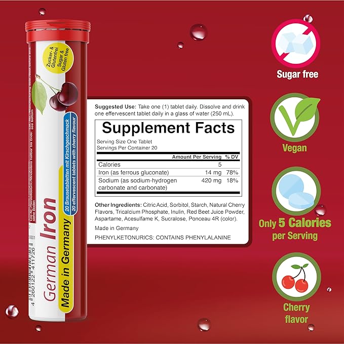 T&D German Iron 14 mg - 40 Vegan Drink Effervescent Tablets - Cherry Flavor - Made in Germany