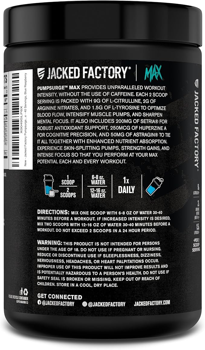 Jacked Factory Pumpsurge Max Stim Free Pre Workout - High-Performance Caffeine Free Pre Workout with L-Citrulline, N03-T Arginine Nitrate & Glutathione - 40 Servings, Blue Raspberry