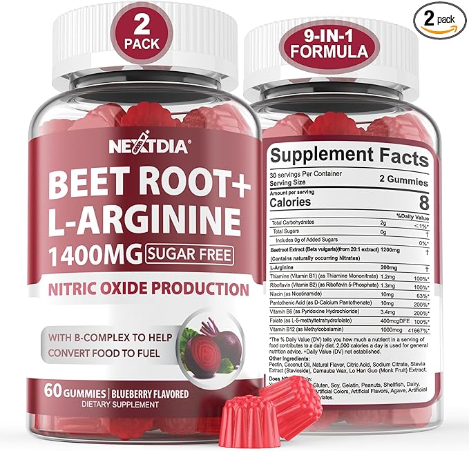 Beet Root Gummies & L-Arginine 1400mg (Made in USA), Sugar Free Nitric Oxide Supplement for Men & Women w/ B1, B2, B3, B5, B6, Folate, B12 for Energy Boost, Blood Flow & Circulation Support, 120 Cts