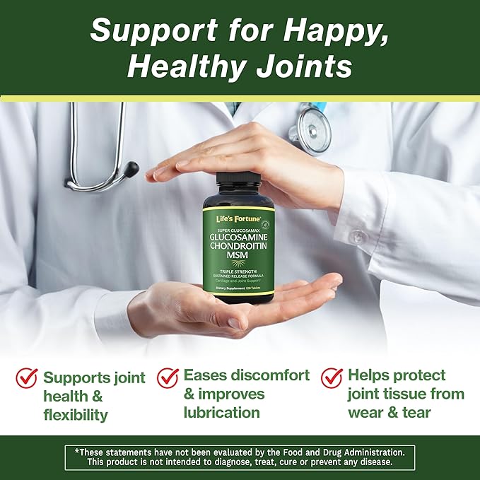 Life's Fortune Triple Strength Glucosamax - 1000mg Premium Glucosamine, Chondroitin and MSM Supplement with Vitamin C for Joint Comfort & Mobility, 120 Tab