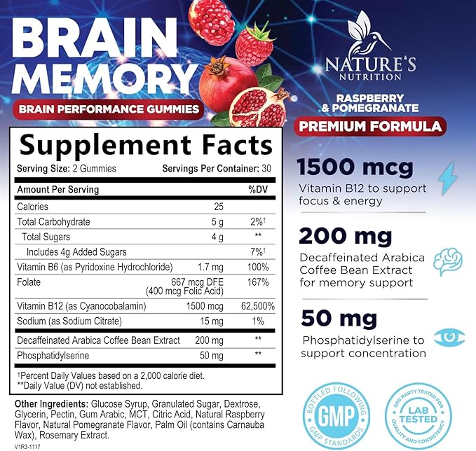 Brain Supplement Gummies for Concentration Memory & Focus Support - Brain Clarity Health with B6 B12, Phosphatidylserine, Coffee Extract, Nootropics Cognitive Vitamins for Adults - 60 Vegan Gummies