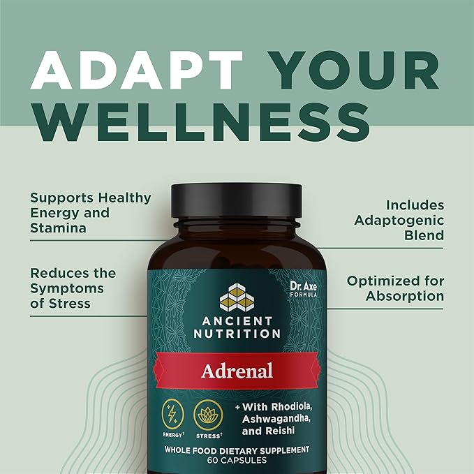 Ancient Nutrition Adrenal Support with Ashwagandha Supplement, Helps Reduce Stress & Fatigue, Paleo and Keto Friendly, Gluten Free, 1300mg, 60 Capsules