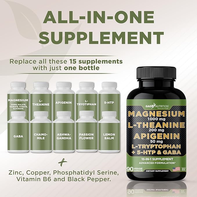 Gade Nutrition Magnesium Glycinate & Magneisum Supplements with Apigenin, L Theanine 200 mg, 5 HTP, GABA Calm Brain Booster Supplement Sleep Aid Ashwagandha L Tryptophan Chamomile