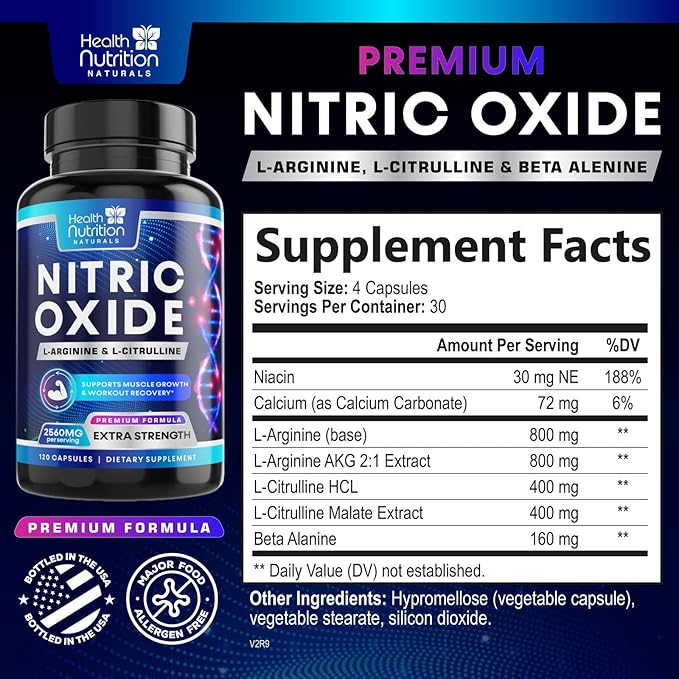 Extra Strength Nitric Oxide Supplement 3X Strength L Arginine, Citrulline Malate, AAKG, Beta Alanine - Premium Muscle Supporting Nitric Booster - Natural Energy & Heart Health Support - 120 Capsules