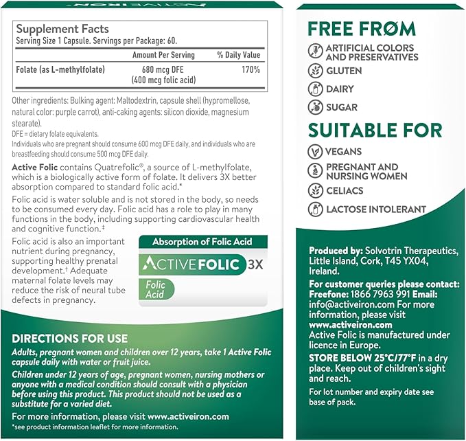 Active Folic 400mcg, Folic Acid Supplement for Pregnancy, 60 Capsules, Helps Fight Tiredness, Fatigue, Highly Absorbed, L-Methylfolate, Vegan, 2 Month Supply