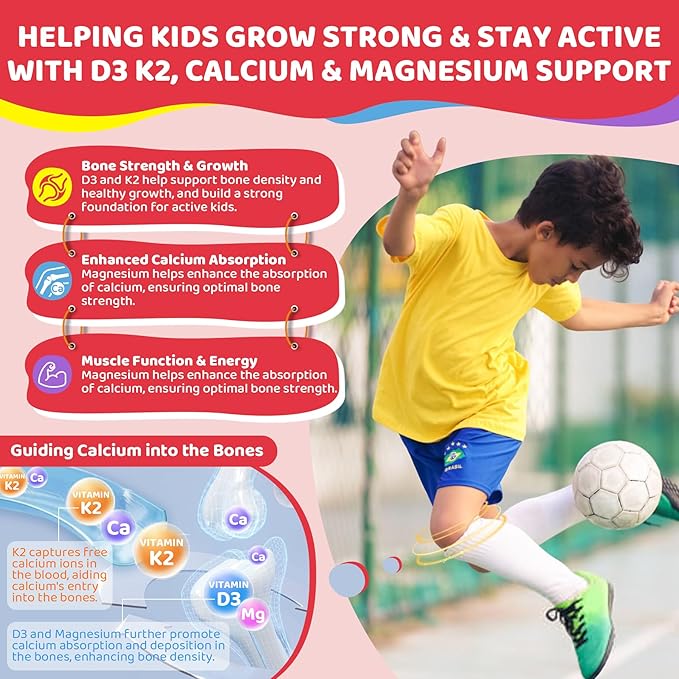 Kids Vitamin D3 K2 + Calcium Gummies (Made in USA) for Adults, 1000IU/2000IU D3 + K2(MK-7) with Magnesium & Algal Omega 3(EPA/DHA) for Bones Teeth Muscles Brain, Low-dose Vitamins, Sugar-Free,60 Chews