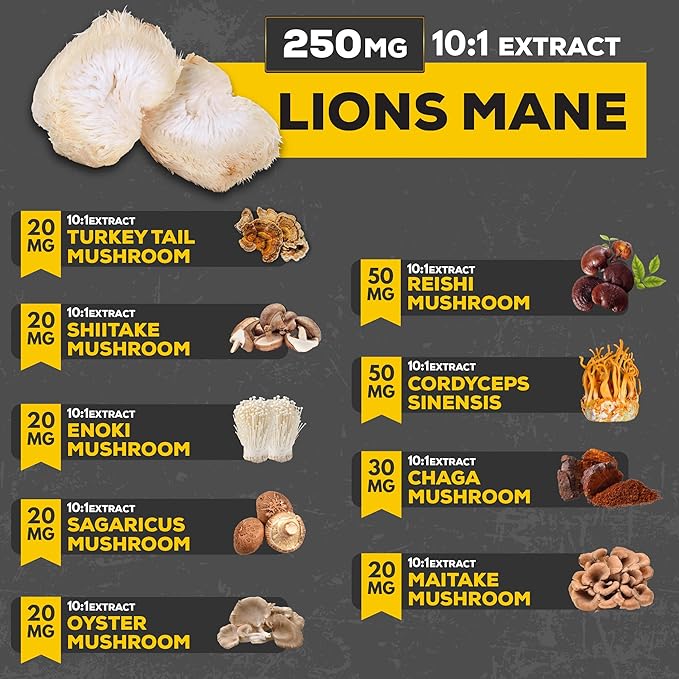 Satoomi 10in1 Mushroom Supplement Complex - Lions Mane, Cordyceps, Reishi, Chaga and 6 More - Brain Supplements for Memory & Focus - 90 Count - 3 Months Supply
