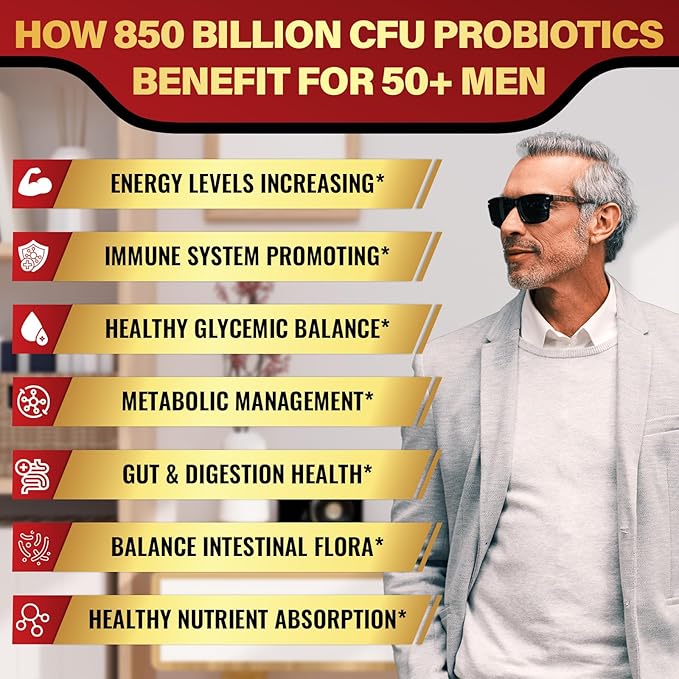 Probiotics for Men, Potent 50+ Mens Probiotic, Complete Gut & Digestive Health, with 850 Billion CFU, 1900mg Prebiotic Fiber, Energize, Immune, Mens Probiotics for Gut Health Over 50-180 Capsule