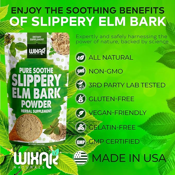 WIXAR Slippery Elm Bark Powder - Soothe Digestive Health, Sore Throat, Acid Reflux - Made from Inner Bark, Natural & Gluten-Free Blend, GMO-Free, Vegan Friendly - Herbal Supplement Powder - 5oz