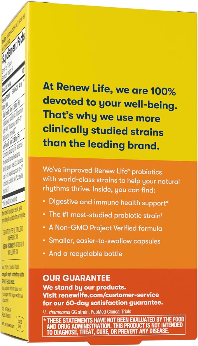 Renew Life Everyday Probiotic Capsules, Daily Supplement Supports Urinary, Digestive and Immune Health, L. Rhamnosus GG, Dairy, Soy and gluten-free, 15 Billion CFU, 60 Count