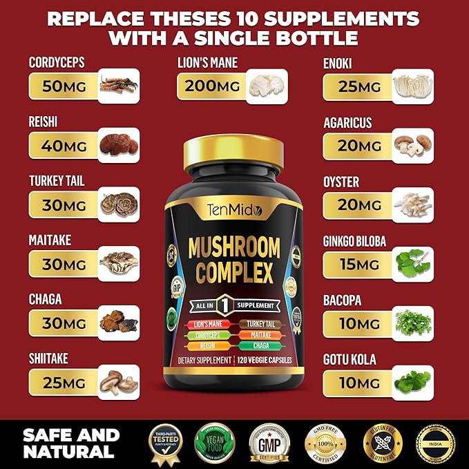 Mushroom Complex Supplement - 13in1 Formula - Blend Lion's Mane Mushroom, Cordyceps Sinensis, Reishi, Turkey Tail, Maitake, Chaga, Shiitake, Enoki, & More - 120 Capsules for 4 Months Supply