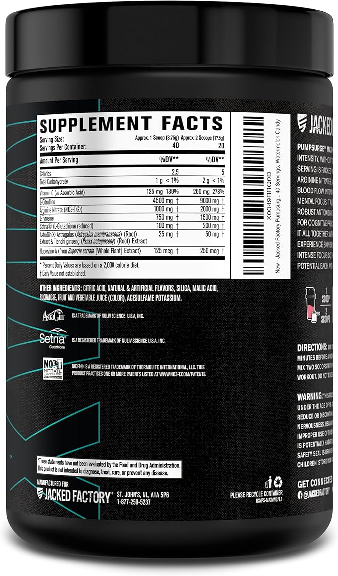 Jacked Factory Pumpsurge Max Stim Free Pre Workout - High-Performance Caffeine Free Pre Workout with L-Citrulline, N03-T Arginine Nitrate & Glutathione - 40 Servings, Watermelon Candy