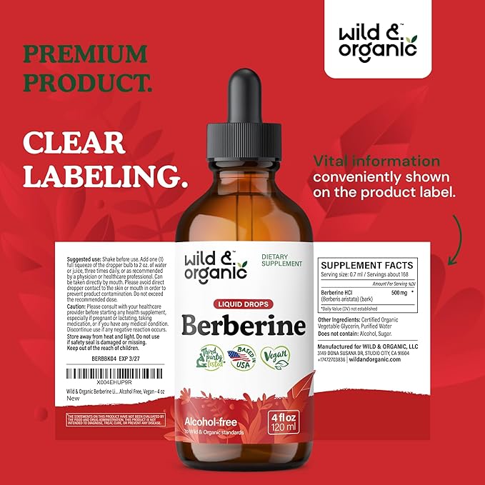 Wild & Organic Berberine Drops 500mg - Liquid Berberine Supplement HCL for Overall Support - Pure Extract Tincture - Vegan, Alcohol & Sugar-Free - 4 fl oz