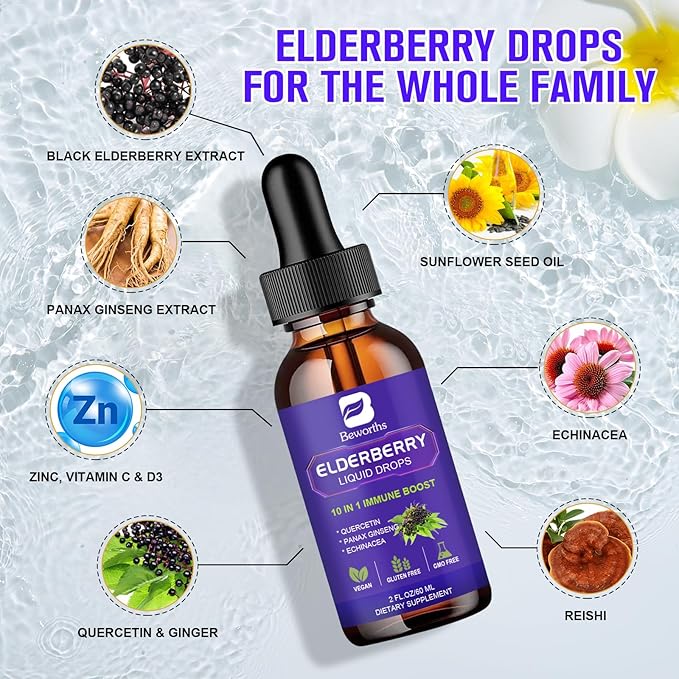 Elderberry Syrup | Organic Quercetin Black Elderberry Liquid Drops for Kids & Adults | Sambucus Elderberry Extract with Vitamin C, D3, Zinc | Vegan, Gluten Free, 2 Pack