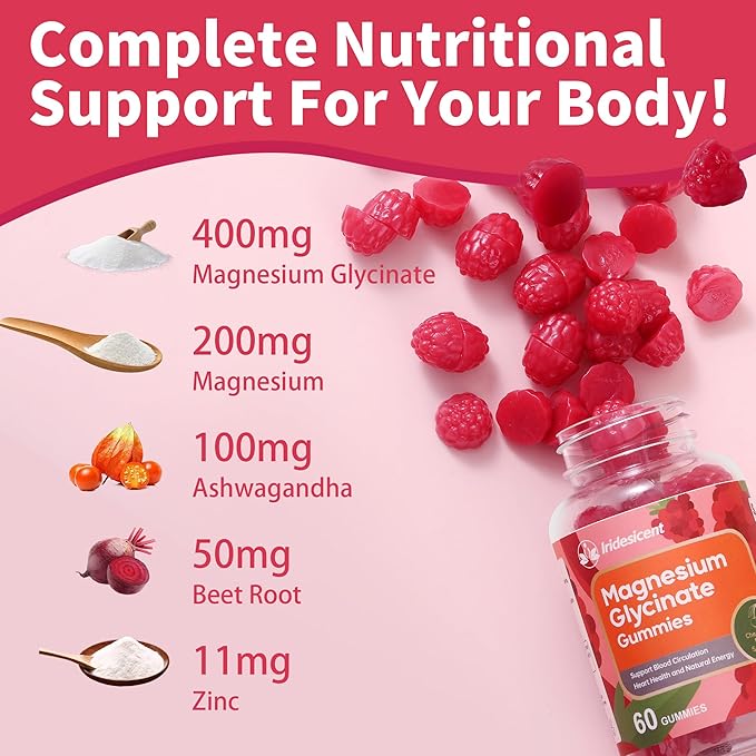 Magnesium Glycinate Gummies 400mg, Sugar Free Magnesium Supplement w/Ashwagandha, Zinc, Vegan Magnesium Glycinate Supplement for Adults - 60 Cherry Gummies