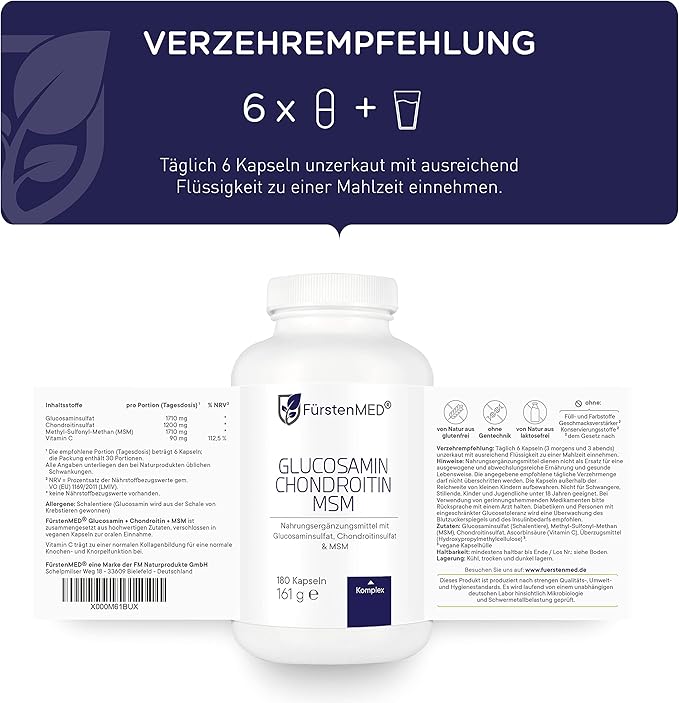 FürstenMED® Glucosamine Chondroitin MSM Supplement - Chondroitin & Glucosamine Nutritional Supplements for Bones & Normal Cartilage Health - Support Normal Joint Health with Vitamin C - 180 Capsules