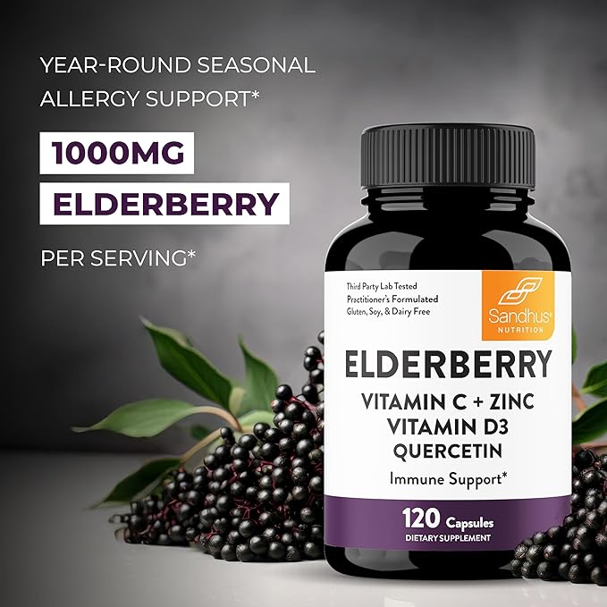 Sandhu's Elderberry Vitamin C & Zinc with Quercetin Capsules for Men & Women | Supports Immunity, Bone Health and Quality Sleep | 120 Count