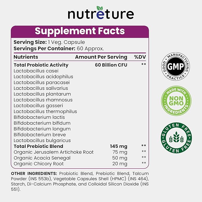 60 Billion probiotics for Men | 60 Capsules Mens probiotic Supplement | prebiotics for Gut Health | probiotics for Digestive Health