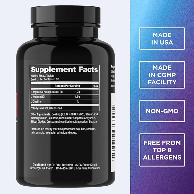 Dr. Emil - Elite L Arginine (3150mg) + L-Citrulline Highest Dose - Nitric Oxide Supplement for Vascularity, Endurance and Heart Health (AAKG and HCL) - 90 Tablets