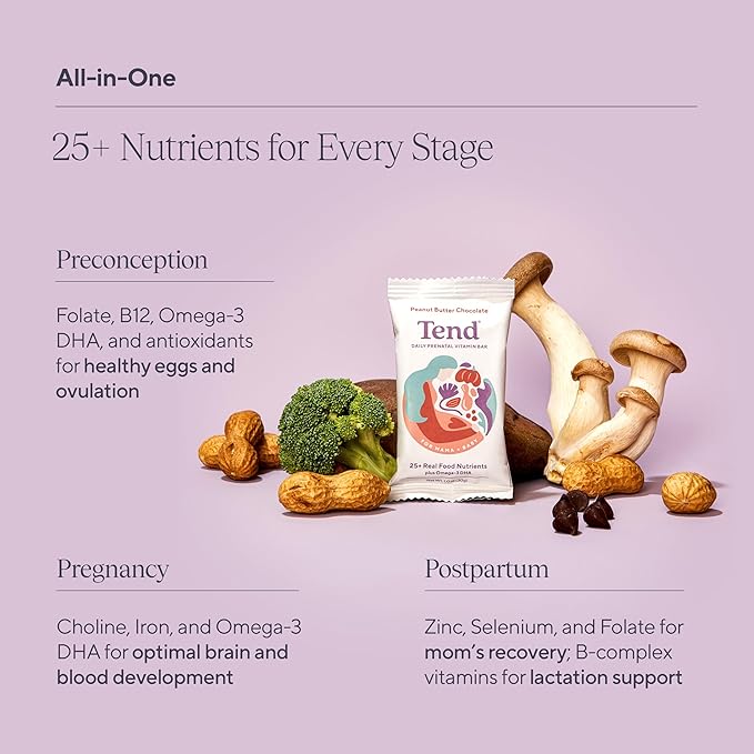 Daily Tend Best Prenatal Vitamin Bar, Made with Organic Ingredients for Pregnant & Postpartum Mothers, Includes DHA, Vitamin D, Folate, Sunflower Lecithin, Peanut Butter Chocolate Flavor (7 ct)
