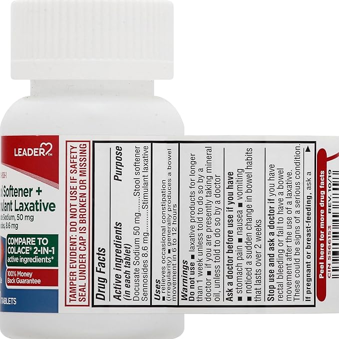 Leader 2-in-1 Stool Softener & Stimulant Laxative, Docusate Sodium 50mg, Sennosides 8.6 mg, Gentle Occasional Constipation Relief for Adults, Both Men & Women, & Children Ages 6+, 100 Tablets