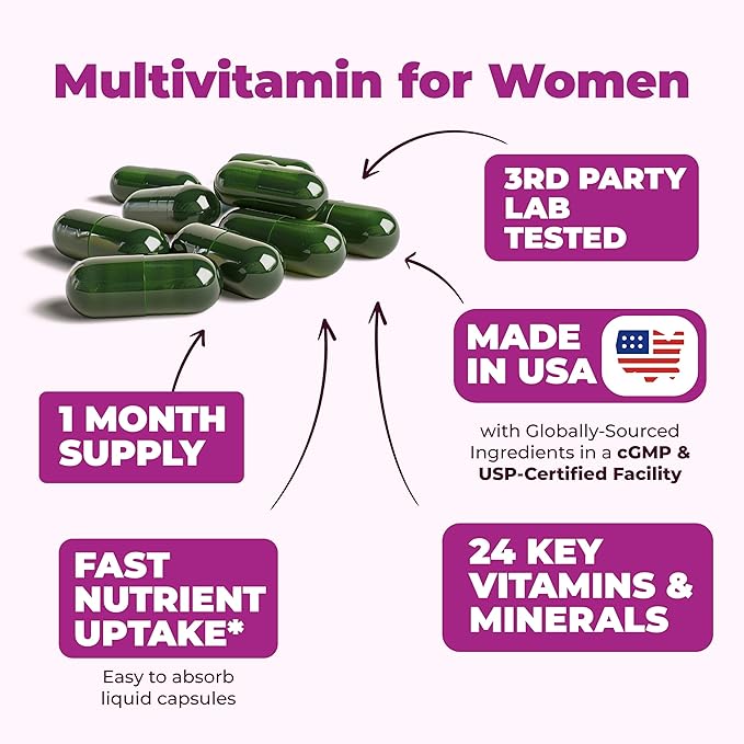 Multivitamin for Women - Daily Womens Multivitamin & Multimineral with Vitamin A, C, D, E, B12, Zinc, Iron. Essential Vitamins for Women for Energy, Focus, Hair Growth & Overall Health. 60 Liquid Caps