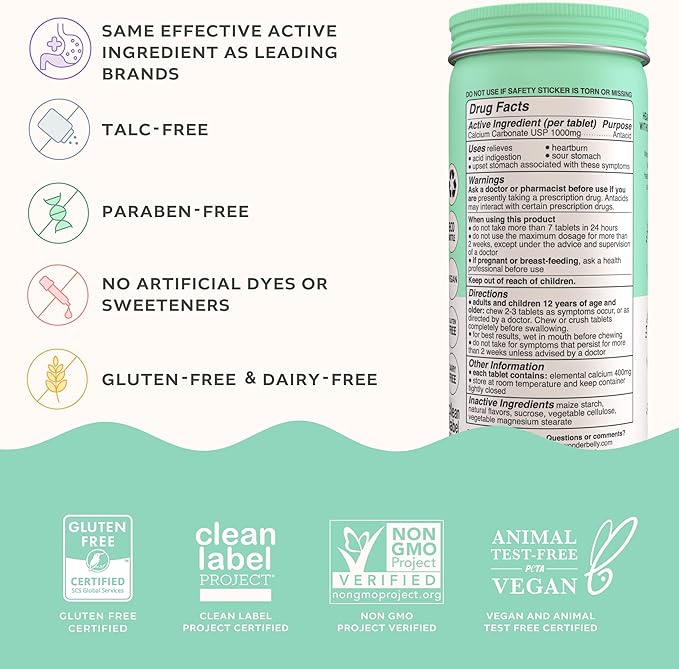 Wonderbelly Antacid, Effective Heartburn and Instant Acid Indigestion Relief, Extra Strength Chewable Tablets, 1000 mg Calcium Carbonate, No Talc or Dye, Watermelon Mint, 60 Count