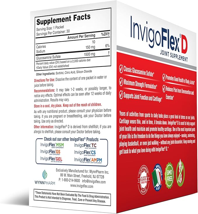 INVIGOFLEX 1500mg of Glucosamine Sulfate Powder (Classic Formulation) - Premium Joint Supplement for Knees, Hands, Back, and Hip Support D: Glucosamine Sulfate, Packets - 60 Packets
