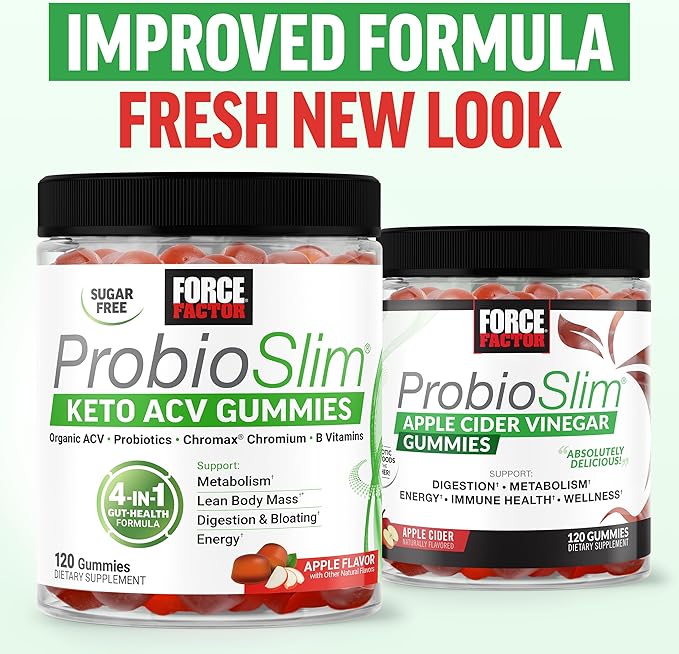 Force Factor ProbioSlim Keto ACV Gummies, Organic Apple Cider Vinegar Gummies with LactoSpore Probiotics & Prebiotics to Support Digestion, Metabolism, & Immune Health, 1 Net Carb, Apple Flavor, 120ct