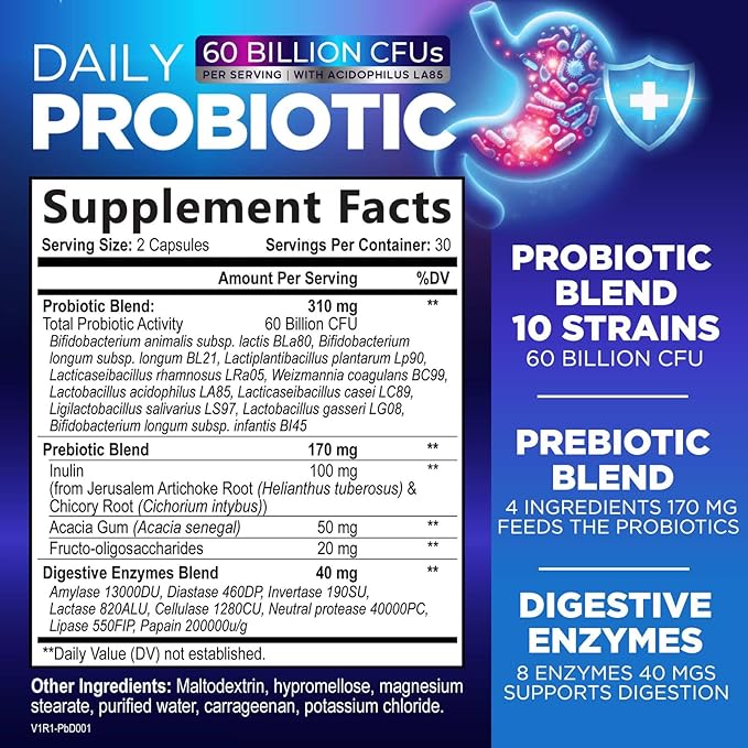 Probiotics 60 Billion CFU - 10 Strains + Digestive Enzymes & Prebiotics - Best Probiotic for Women & Men, Supports Immune, Gut Health, Occasional Constipation, Diarrhea, Gas & Bloating - 60 Capsules
