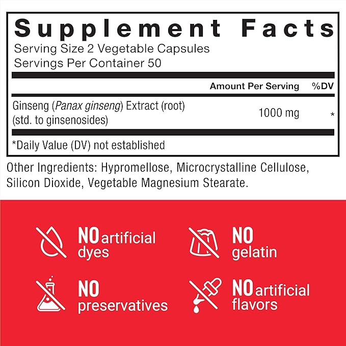 FORCE FACTOR Panax Ginseng Adaptogenic Korean Ginseng Supplement to Support Energy, Clarity, and Well Being, Non-GMO, Vegan-Friendly, Premium Quality, 100 Capsules