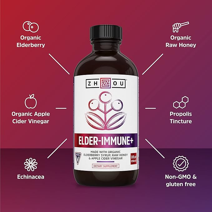 Zhou Nutrition Elder-Mune+ Syrup - Organic Black Elderbery Syrup for Adults, Immune Support Elixir with Apple Cider Vinegar, Echinacea Tincture, Natural Wellness - 8 Fl Oz Glass Bottle
