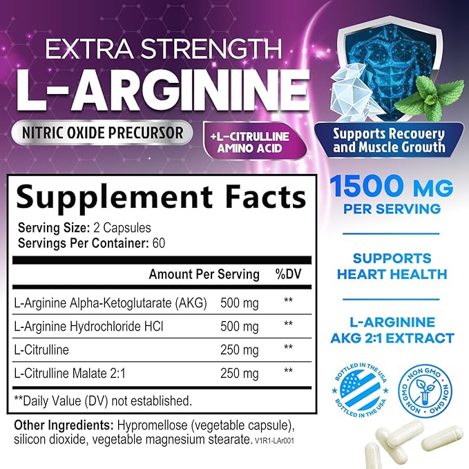 L-Arginine 1000mg Supplement Supports Heart Health - Premium Muscle Supporting Nitric Booster for Strength & Energy to Train Harder - Nature's Non-GMO, Gluten-Free Amino Acid Blend - 120 Capsules