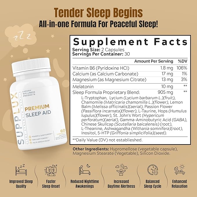 Premium Sleep Aid for Adults - NEW Non-Habit Forming Sleep Aid for Adults | Mood, Sleep, Restfulness Support | 18 Research Backed Ingredients | Melatonin, Magnesium, GABA, Ashwagandha & More - 60 Caps