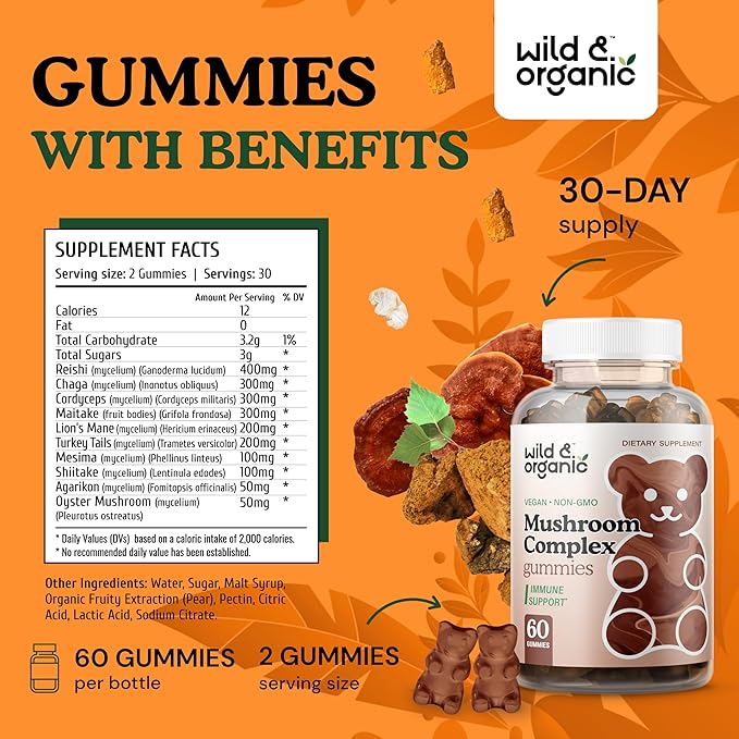 Wild & Organic Mushroom Gummies - Lion's Mane, Cordyceps, Turkey Tail, Reishi, Chaga, Maitake - 10-in-1 Complex - Mushroom Supplement Gummies for Immune & Brain Support - 60 Count