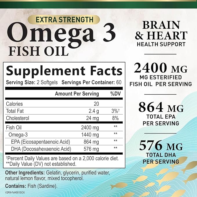 Omega 3 Fish Oil Triple Strength 1200 mg Softgels, Omega-3 Supplements, Natural Brain Heart Health & Immune Support - Fatty Acids with EPA & DHA - Wild Caught Fish Oil Supplement - 120 Softgels