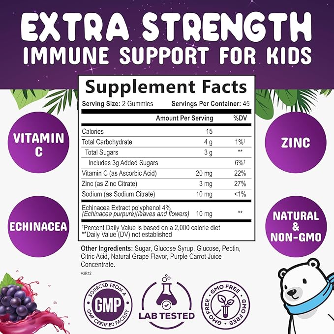 Kids Immune Support Gummy - Vitamin C, Zinc & Echinacea, Berry Flavor Children's Daily Immune Health Support Gummies for Ages 4 and Up, Nature's Vitamins for Kids, Vegan & Non-GMO - 90 Gummies
