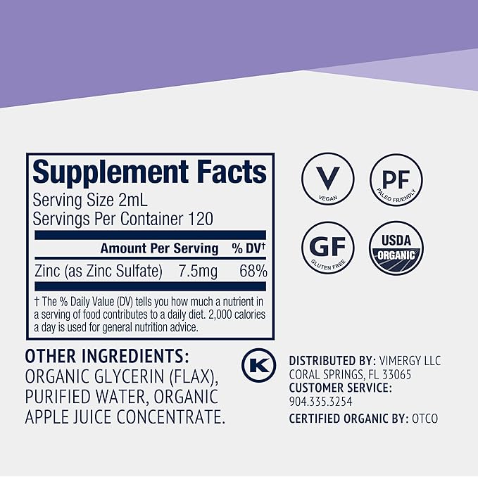 Vimergy Organic Zinc Supplements For Women & Men (7.5mg Liquid Zinc Per Serving) Fast-Absorbing Immune Support, Promotes Healthy Bones & Skin, USDA Certified Organic, Vegan, Up to 120 Servings (240mL)