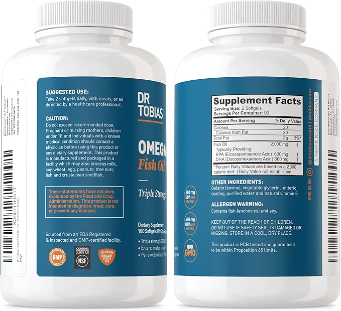 Dr. Tobias Omega 3 Fish Oil, 2000mg, and Turmeric Curcumin, 95% Curcuminoids, Promotes Overall Health with Antioxidant Support