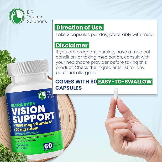 DR VITAMIN SOLUTIONS Vision Support Eye Vitamins for Macular Health | Supplements with Lutein, Zinc, Vitamin A & Bilberry | Areds 2 Formula for Red & Dry Eyes, Sight Care (1 Bottle, 60 Capsules)