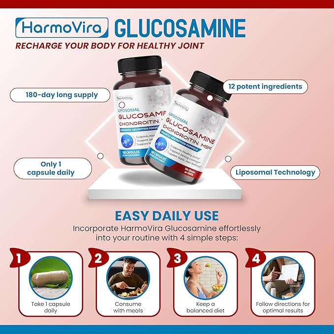 Liposomal GLUCOSAMINE CHONDROITIN, MSM - Support Healthy Joints, Strong Cartilage, Nails, Hair - 180 Days Supply - Made in The USA