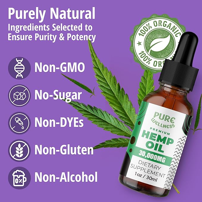 Pure Wellness Hemp Seed Oil Drops, Omega 3 6 9 Fatty Acids, Organic, Non-GMO, Vegan (Natural Hemp, 4-Pack)