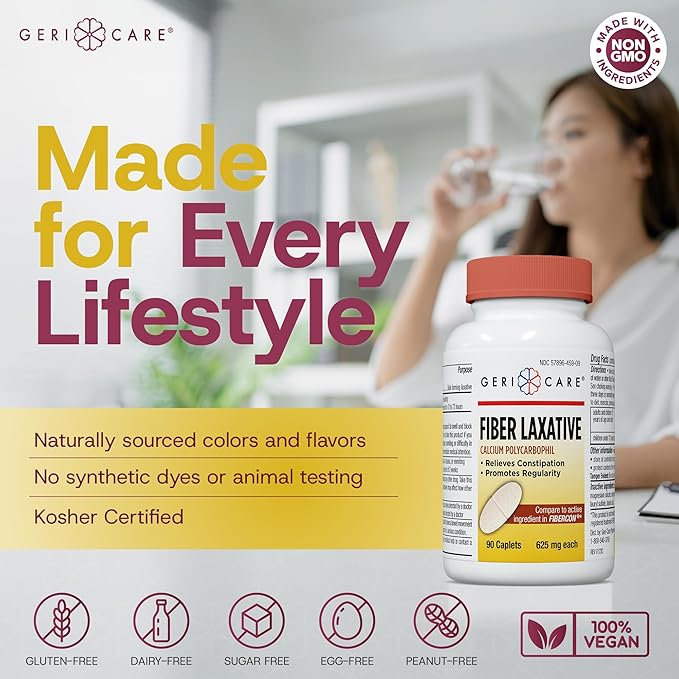 GeriCare Fiber Laxative - 625mg Calcium Polycarbophil Fiber Supplement for Women and Men - Gentle Effective OTC Relief for Constipation and Hemorrhoids - Insoluble Fiber Caplets (90 Count)
