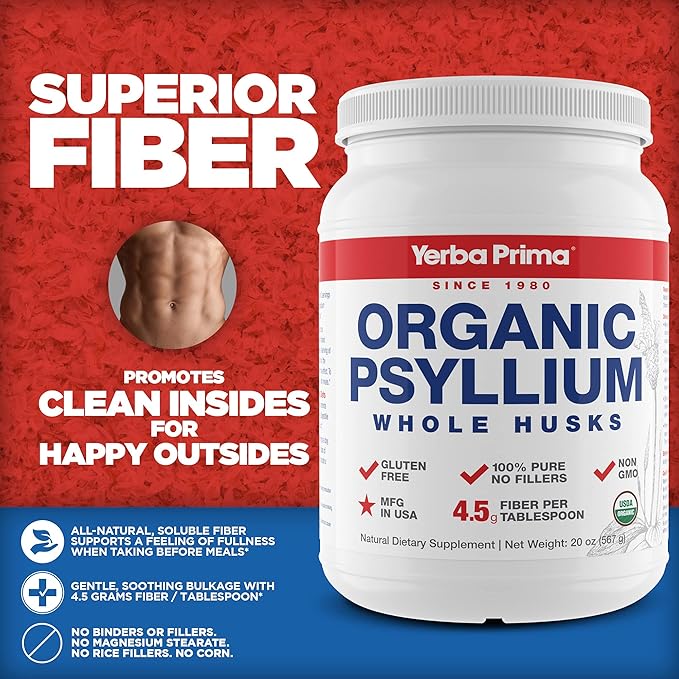 Yerba Prima Organic Whole Psyllium Husks Fiber - 20 oz (Pack of 2) - Natural Daily Dietary Fiber Supplement, Colon Cleanser, Regularity & Detox Cleansing Support, Gluten Free, Non GMO, Vegan