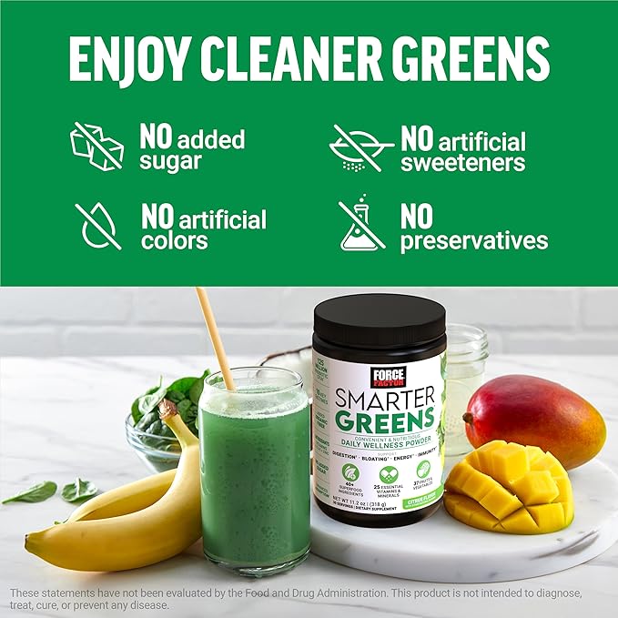 Force Factor Smarter Greens Daily Wellness Powder, Greens Superfood Powder to Support Gut Health, Bloating & Digestion, with 40+ Superfoods, 125 Million CFUs of Probiotics, Citrus Flavor, 30 Servings