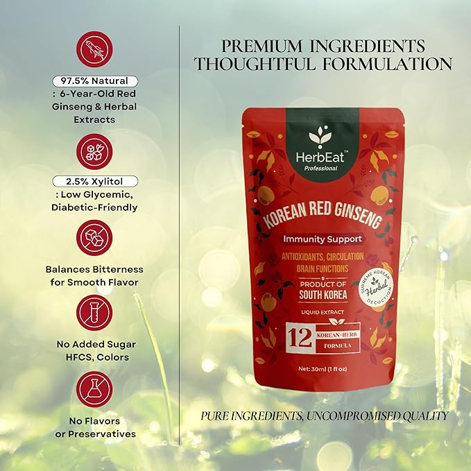 Korean Red Ginseng Prime Extract with 11mg Ginsenosides - Boost Energy, Memory & Immunity, 6-Year-Old Ginseng Drink for Circulation & Skin -5 Pouches (30mL*5)