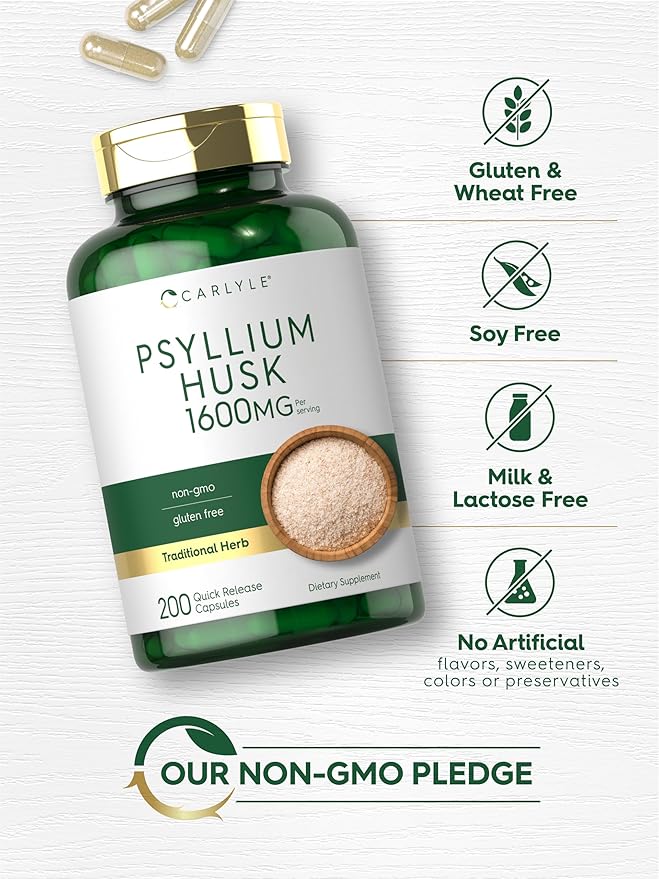 Carlyle Psyllium Husk Capsules | 1600mg | 200 Count | High Potency Fiber Supplement | Non-GMO, Gluten Free