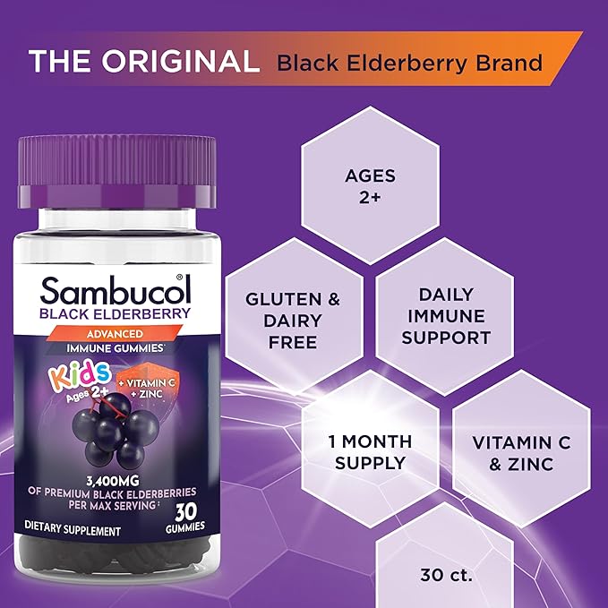 Sambucol Black Elderberry Gummies for Kids - Elderberry Kids Gummies, Kids Elderberry Gummies with Zinc and Vitamin C, Elderberry for Kids - 30 Count