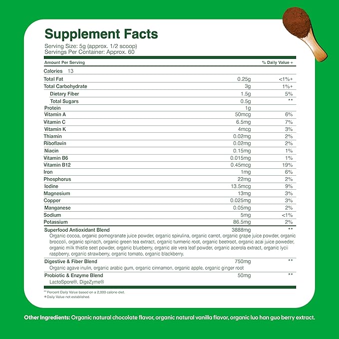Feel Great USDA Organic Super Greens Powder for Kids - Cocao Chocolate | Fruit & Veggie Supplement | Superfood Powder with Probiotics & Digestive Enzymes for Digestive Health | 60 Days Supply
