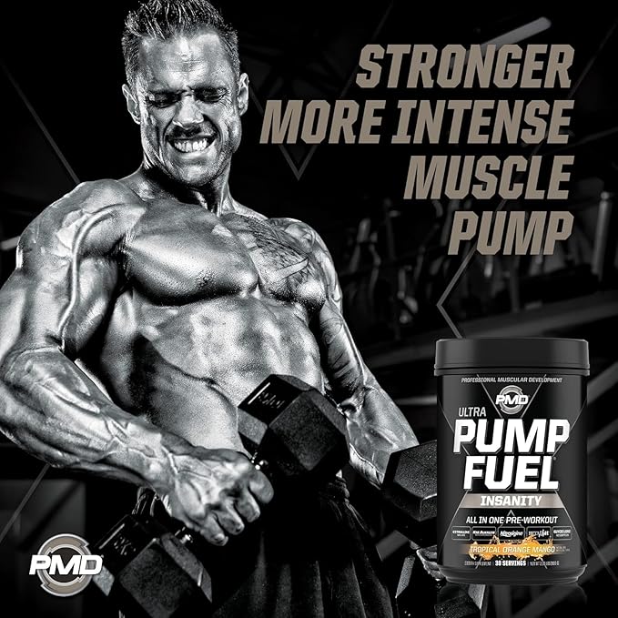 PMD Sports Ultra Pump Fuel Insanity - Pre Workout Drink Mix for Energy, Strength, Endurance, Recovery - Complex Carbohydrates and Amino Energy - Tropical Orange Mango (30 Servings)